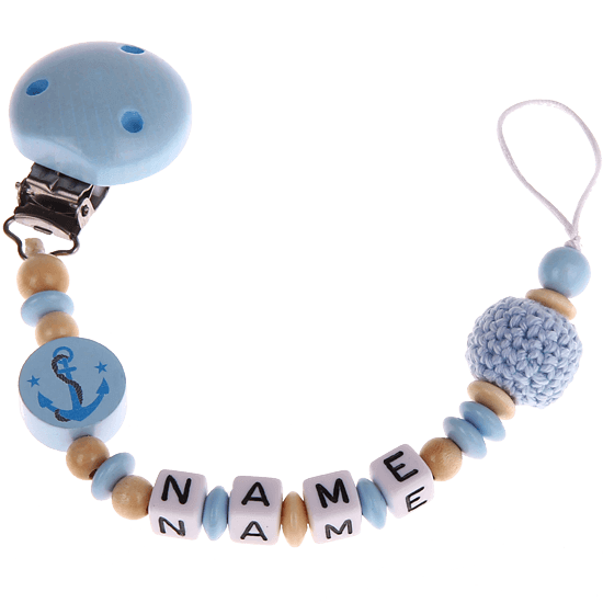 Schnullerkette mit Namen – Anker babyblau
